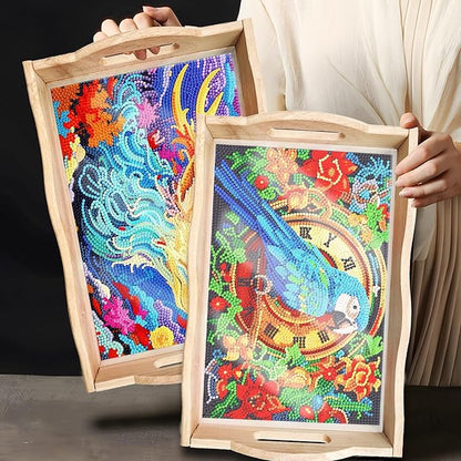 DIY Art Painting Wooden Tray Kit, Food Tray with Handle Diamond Painted Table Decoration Tray, for Breakfast, Bar Dinner Table Diamond Dots Gem Painting Art Set for Beginners (#25-Parrot)