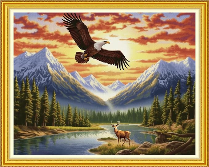 DMCVIVR Stamped Cross Stitch Kits for Beginners Adults Needlepoint Kits for Beginners Embroidery Kits for Adults Crossstitch Kit for Beginners 11CT- Sunrise Eagle 16x20 inch