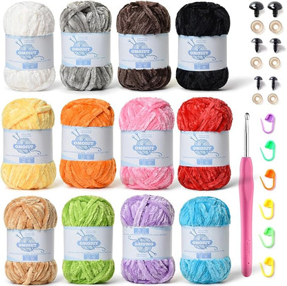 12 Pack 590 (yd) Chunky Chenille Yarn for Crocheting and Hand Knitting with Black Red White Green Yellow Orange Plush Velvet Yarn，Baby Blanket Yarn for Crocheting Soft Amigurumi Yarn