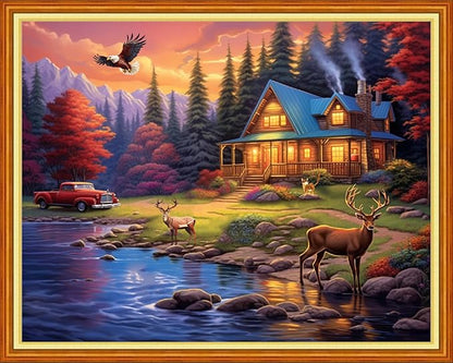 Dimensean Stamped Cross Stitch Kits Full Range of Embroidery Patterns Starter Kits for Beginners Adult DIY Cross Stitches Needlepoint Kits 11CT-Night View by The Lake 16x20 inch