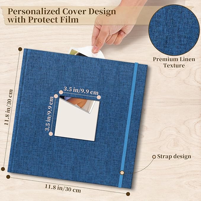 Vienrose Scrapbook Album 12" x 12", Large Linen Photo Album with Writing Space, DIY Scrapbook Supplies for Wedding, Baby, Family Memories & Travel (50 sheets / 100 pages, Navy Blue)