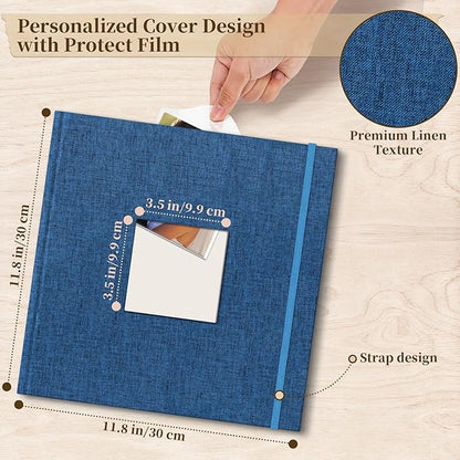 Vienrose Scrapbook Album 12" x 12", Large Linen Photo Album with Writing Space, DIY Scrapbook Supplies for Wedding, Baby, Family Memories & Travel (50 sheets / 100 pages, Navy Blue)