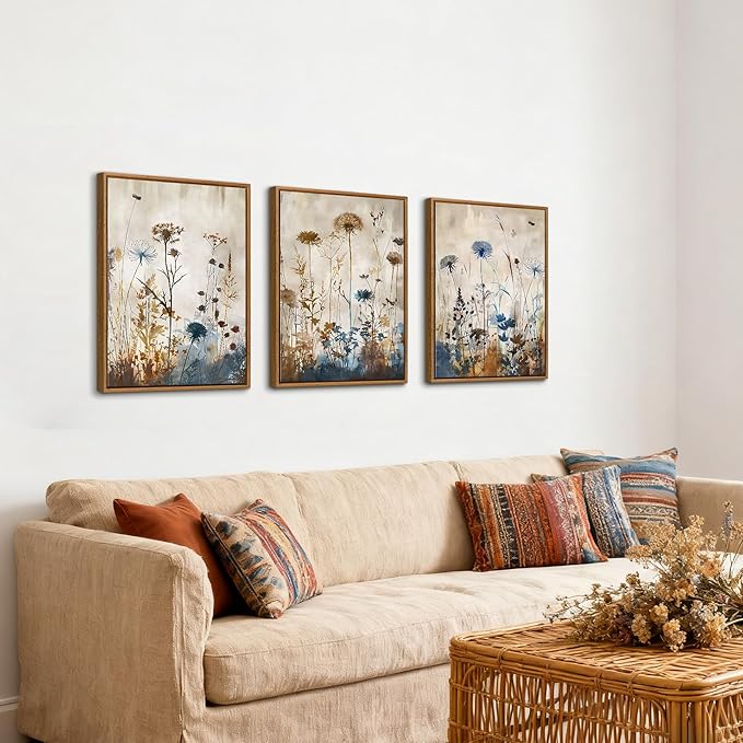WENGTIAO 3Pcs Vintage Framed Canvas Wall Art Prints Flowers Posters Pictures Boho Brown Blue Blooms Paintings Nature Floral Botanical Artwork for Living Room Bedroom Bathroom Office 16x24x3