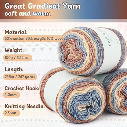 Aeelike Cake Yarn for Crocheting, 6 Skeins Gradient Yarn 100g (3.52 oz) 245m (267 Yards) # 3 Light Weight -Soft Cake Yarns Fairyland Yarns for DIY Making Colorful Blanket Scarves Hat, Khaki Gradient