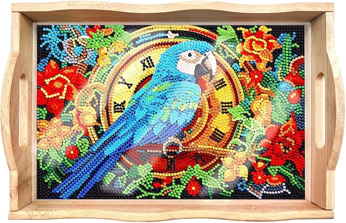 DIY Art Painting Wooden Tray Kit, Food Tray with Handle Diamond Painted Table Decoration Tray, for Breakfast, Bar Dinner Table Diamond Dots Gem Painting Art Set for Beginners (#25-Parrot)
