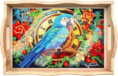 DIY Art Painting Wooden Tray Kit, Food Tray with Handle Diamond Painted Table Decoration Tray, for Breakfast, Bar Dinner Table Diamond Dots Gem Painting Art Set for Beginners (#25-Parrot)