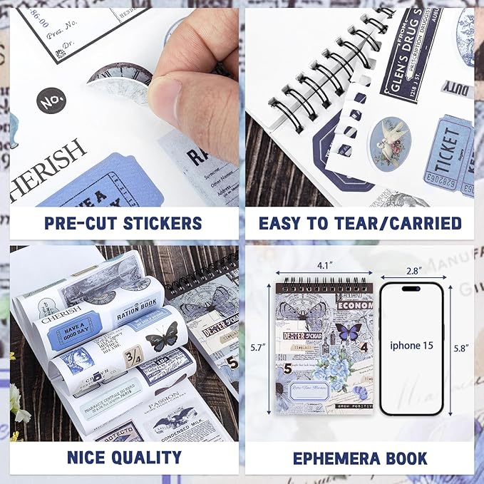 RISYPISY Pre-Cut Vintage Ephemera Washi Scrapbook Sticker Book for Scrapbooking - 50 Sheets Blue Journaling Dark Academia Stickers for Junk Journal Scrap Book Supplies Arts Frame Album, 473PCS