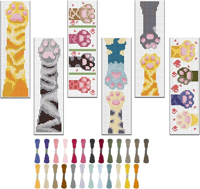 FREEBLOSS 6 Set Embroidery Bookmarks Cute Cat Paws Patterned Cross Stitch Bookmark Kit with Instruction Embroidery Kit for Adults Beginners 8''x2.4''