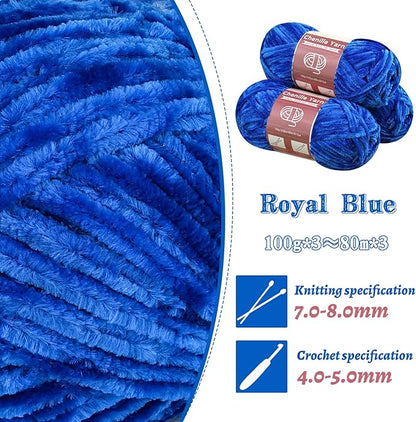 LUNARM Chenille Yarn for Crocheting Knitting, 3 Skein 263 Yard Thick Soft Chunky Fluffy Weaving Plush Yarn for Blankets Clothes Pattern Creations with Big Eye Needles (Royal Blue)