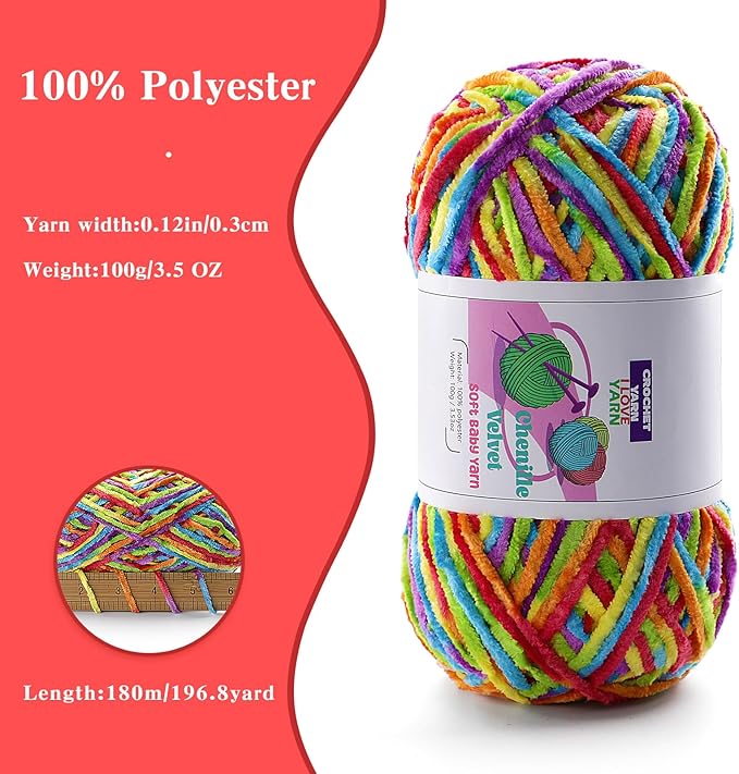 3 Skeins Soft Fluffy Velvet Yarn, Chenille Chunky Yarn for Hand Knitting and Crocheting DIY Craft, Amigurumi Crochet Yarn（3×196.8yds, 3×3.5oz） (Pure White)