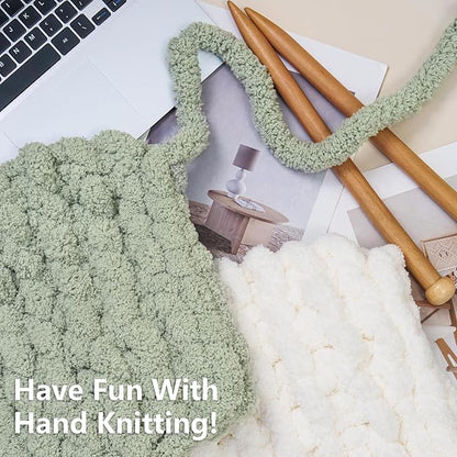 Chunky Yarn for Hand Knitting - #10 Chunky Chenille Yarn, Jumbo Big Thick Chunky Yarns for Crocheting, Super Bulky Chunky Knit Blanket Yarns, 8 Skein (25yd, 8oz/Skein), Cream & Sage