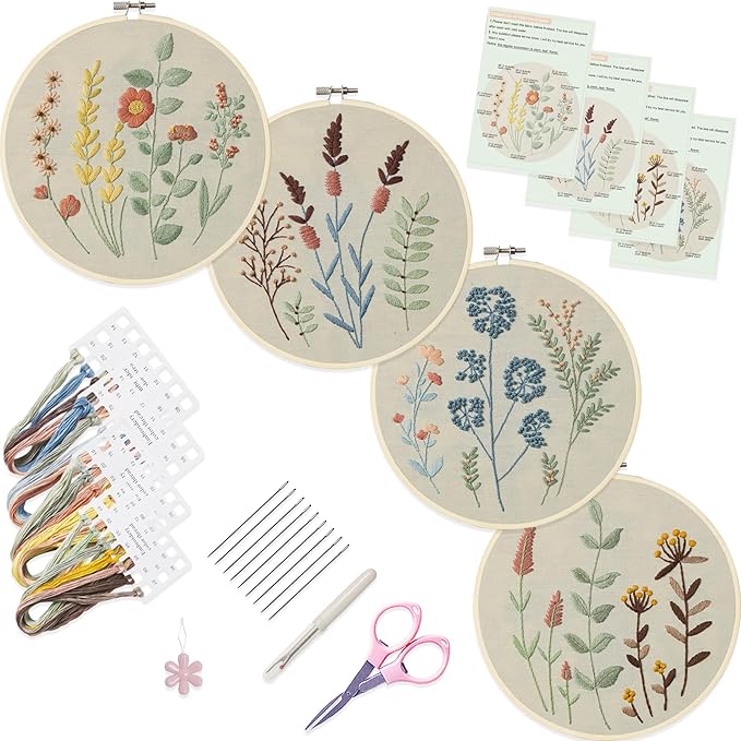 Bonroy 4 Sets Embroidery Kit for Beginners,Embroidery Kit for Art Craft Handy Sewing Include Embroidery Clothes with Pattern,Embroidery Hoops, Instructions,Color Threads Needle Kit (Multi 5)