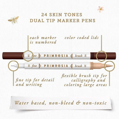 Primrosia 24 Skin Tones Dual Tip Marker Pens, Hair and Portrait Watercolor Sketch Set – Fine and Brush Ends, Art Supplies for Coloring, Sketching and Drawing