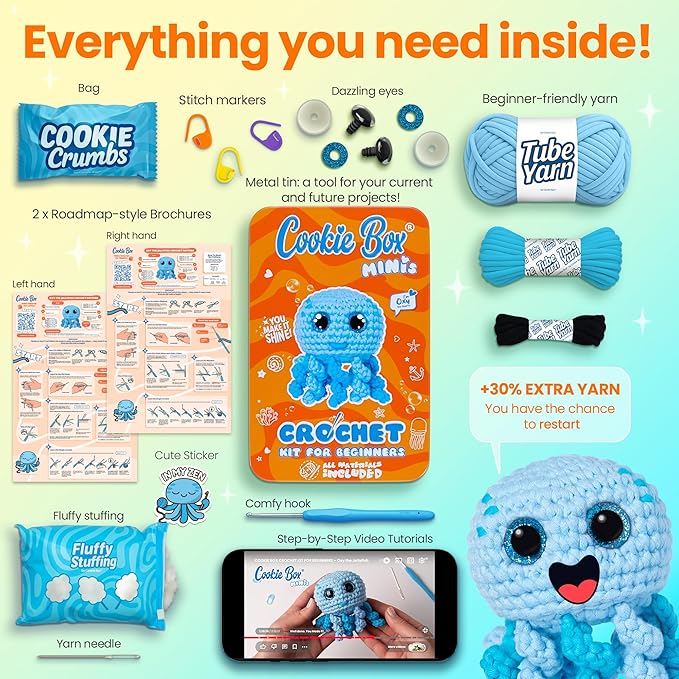 Cookie Box Crochet Kit for Beginners – Gift Set to Make Jellyfish Oxy Amigurumi Plushie – Easy DIY Crochet & Knitting Starter Kit with Printed Instructions & Step-by-Step Video Tutorial