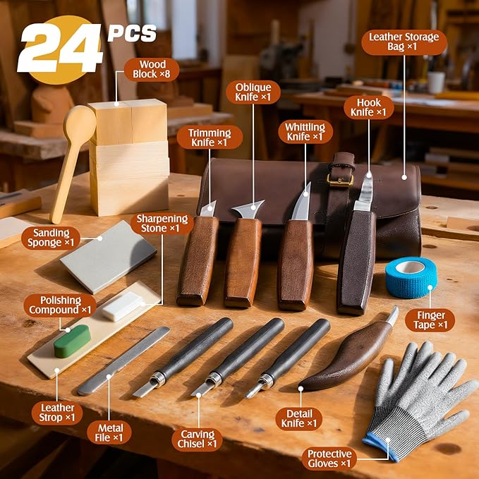 Housolution Wood Carving Kit with Leather Case, 24PCS Wood Carving Tools Whittling Kit Includes Carving Knives Carving Chisels Basswood Blocks Spoon Gloves, Woodworking Tools for Beginners DIY Hobbies