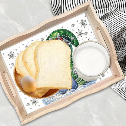 DIY Diamond Art Painting Wooden Tray Kit, Food Tray with Handle Diamond Painted Table Decoration Tray, for Breakfast, Bar Dinner Table Diamond Dots Gem Painting Art Set for Beginners-Snowman3