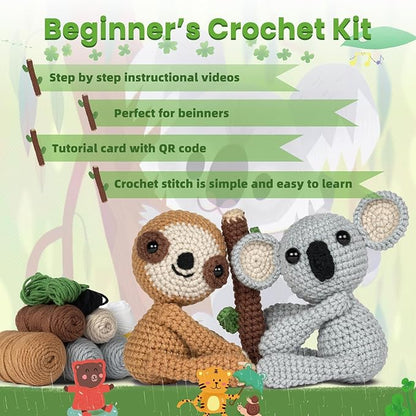 MOREJMTT Crochet Kit for Beginners Animal,Crochet Animal Kits,Crocheting Kit for Starters,Learn to Crochet with Step-by-Step Video Tutorials,Beginner Crochet Kits for Adults(Koalas+Sloth)