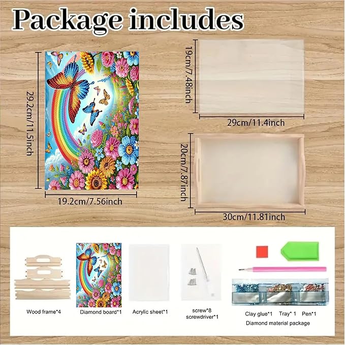 DoxQcs DIY Diamond Art Wooden Tray Kit Easter Food Tray with Handle Diamond Painted Table Decoration Tray for Breakfast Bar Dinner Table Diamond Art Painting for Beginners-#07-Rainbow Butterfly Bush