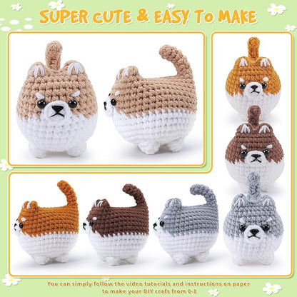 Crochet Kit for Beginners- 4 PCS Fat Shiba Inu Crochet Kits for Adults, 4PCS Corgi Dog Crochet Animal Kit with Step-by-Step Video Tutorials, Yarn, Crochet Hook, Instructions DIY Knitting Kit