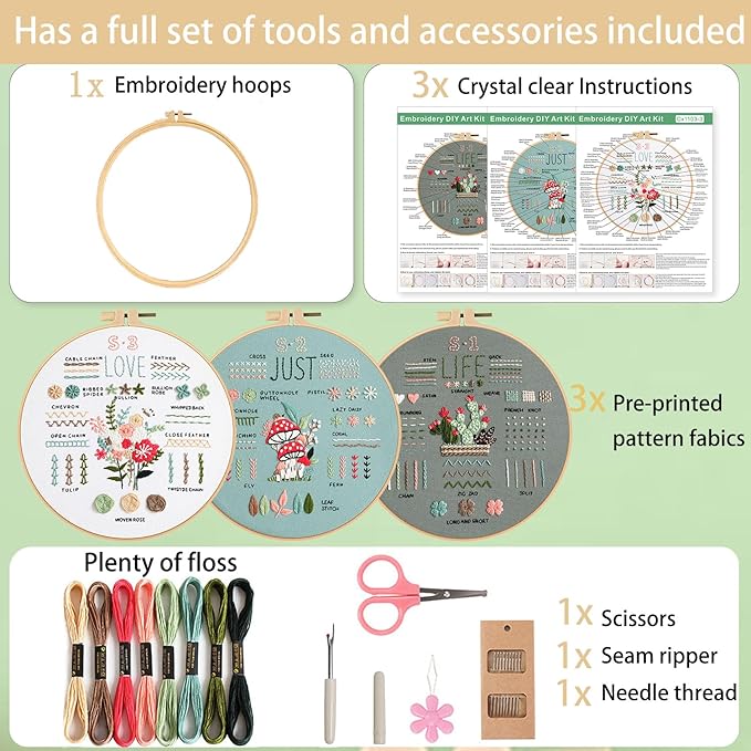 Ohcol 3 Sets Embroidery Kit for Beginners Adults,Easy to Learn 33 Different Stitches DIY Kits,Needlepoint Kits for Adult Hand Crafts Includes Stamped Flower Pattern,Instruction,Hoop,Threads,Tools