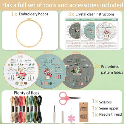 Ohcol 3 Sets Embroidery Kit for Beginners Adults,Easy to Learn 33 Different Stitches DIY Kits,Needlepoint Kits for Adult Hand Crafts Includes Stamped Flower Pattern,Instruction,Hoop,Threads,Tools