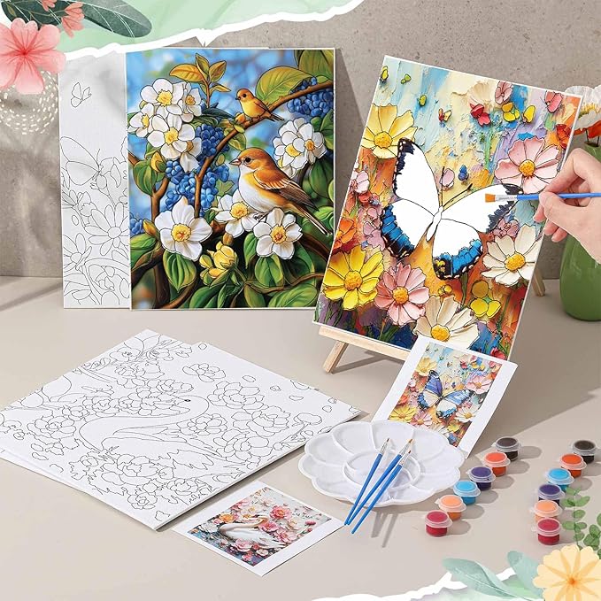 Tenceur 16 Sets Pre Drawn Canvas to Paint for Sip and Paint Party, 8 x 10 Inch Preprinted Framed Pre Sketched Coloring Canvas with Easels and Brushes for Adults Party Supplies(Garden)