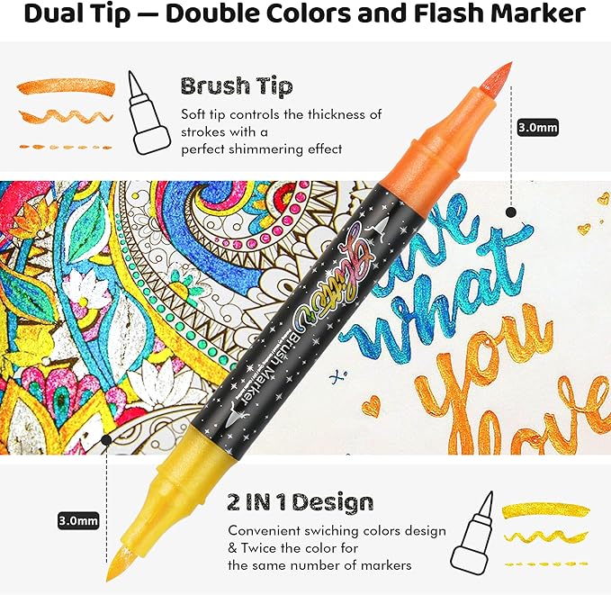 ZSCM 48 Colors Duo Glitter Brush Markers, 24 Pack Stocking Stuffers, Metallic Sparkle Markers for Doodle Writing, Glitter Art Crafts Gifts Trendy Stuff Christmas Stocking Stuffers