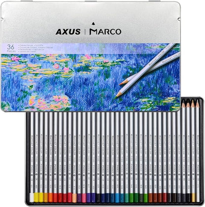 AXUS MARCO Oil-Based Colored Pencils, 36 Colors - Wooden Hexagonal Barrel, Iron Box. Ideal for Sketching, Illustrations, Doodling & Design. Great for Art Lovers & Pros. (RAFFINÉ 7100 Series-36 Colors)