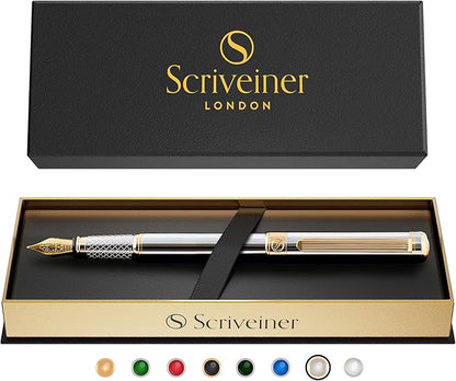 Scriveiner Silver Chrome Fountain Pen - Stunning Luxury Pen, Real Gold Finish Schmidt Gilded Nib (Medium), Best Pen Gift Set for Men & Women, Professional, Executive Office, Nice Pens