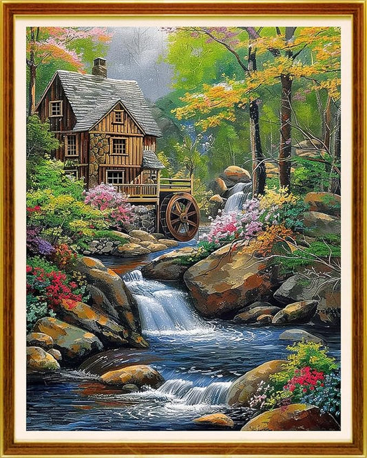 Joycasa Stamped Cross Stitch Kits for Beginners Full Range of Cross Stitching 11 CT Printed Cross Stitch Kit for Adults Cross-Stitch Patterns Needlepoint Kits-Waterwheel Scenery 16x20 inchs