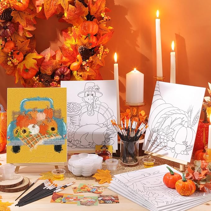 Cholemy 36 Pcs Valentine Paint and Sip Kit for Adults 8''x10'' Pre Drawn Canvas for Painting DIY Afro Acrylic Painting Kit Wood Easel Brushes Date Night Bulk for Party Gifts(Fall Scarecrow)