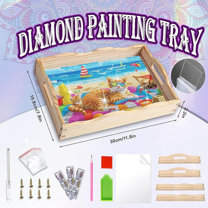 EWJRNSF Diamond Art Kits for Adults Wooden Serving Trays with Handles, 5D Diamond Painting Big Gem Arts and Craft Gifts Trays Decor Gift Home Decor 7.8x11.8 Inches Cat A