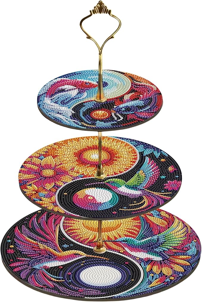 Three-Tier Diamond Painting Wooden Cake Stand DIY Sunflower Diamond Painting Cupcake Towel-Lined Tiered Tray Reusable Pastry Stand (Sunflower)