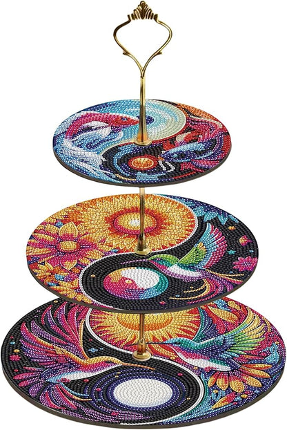 Three-Tier Diamond Painting Wooden Cake Stand DIY Sunflower Diamond Painting Cupcake Towel-Lined Tiered Tray Reusable Pastry Stand (Sunflower)