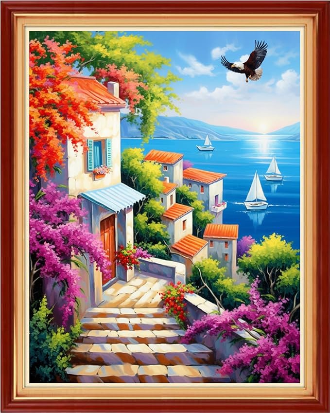 Dimensean Stamped Cross Stitch Kits Full Range of Embroidery Patterns Starter Kits for Beginners Adult DIY Cross Stitches Needlepoint Kits 11CT-Seaside Scenery 16x20 inch