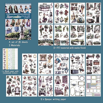 Precut Bullet Journal Sticker Book for Teens and Adults, 20 Sheets Creative MBTI Personality People Sticker for Scrapbooking, Junk Journaling, Planner, Collage