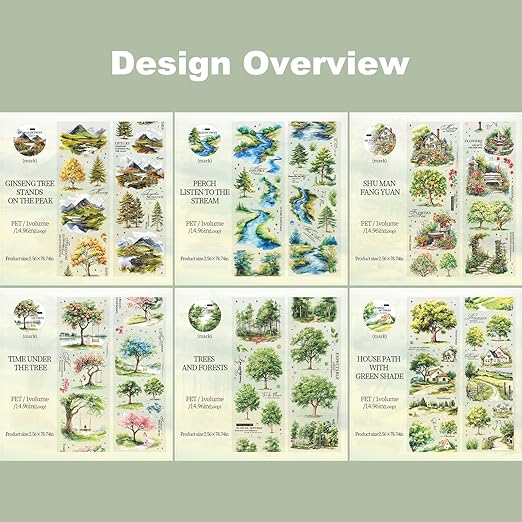 AuriicLeaf Scenery of a Tree PET Tape Set with Clip, 6 Rolls Decorative Landscape Stickers for Scrapbook, Journal and Crafts