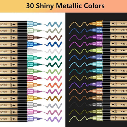 Metallic Marker Pens, 30 Colors Dual Tip Acrylic Paint Pens for Black Paper, Scrapbooking, Photo Album, Rock Painting, Paint Marker for DIY Arts & Crafts, Glass, Wood, Card Making, Scrapbook Supplies