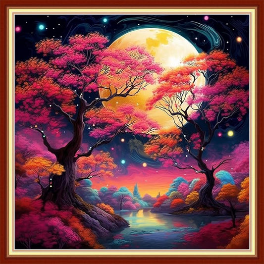 Disxvivy Cross Stitch Stamped Full Embroidery Kits DIY 11CT Cotton Thread Printed DIY Needlepoint Kits Craft Needlework Set Cross-Stitch Stamped Sets-Colorful Moonlit Night 18x18 inch
