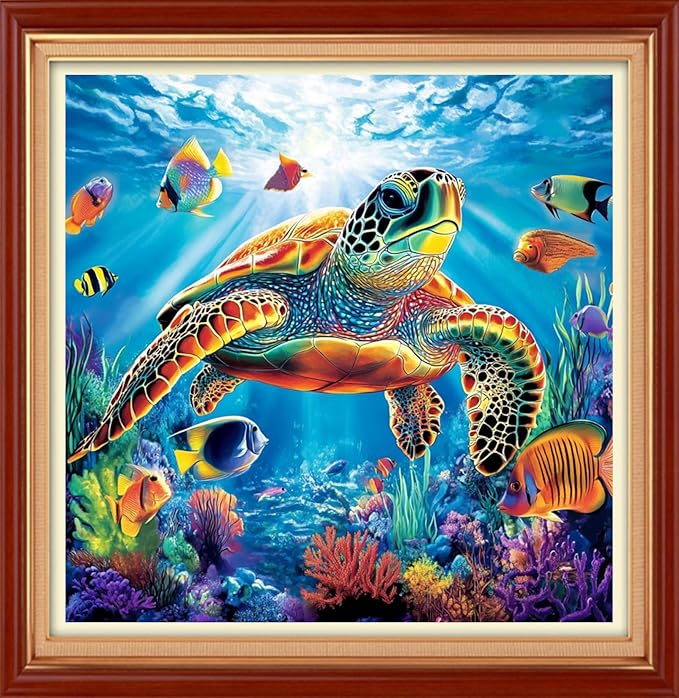 Foxhool Stamped Cross Stitch Kits,11CT Printed Cross Stitch Pattern Full Embroidery Kits for Beginner Needlepoint Kits&Turtle Scenery 18x18 inch
