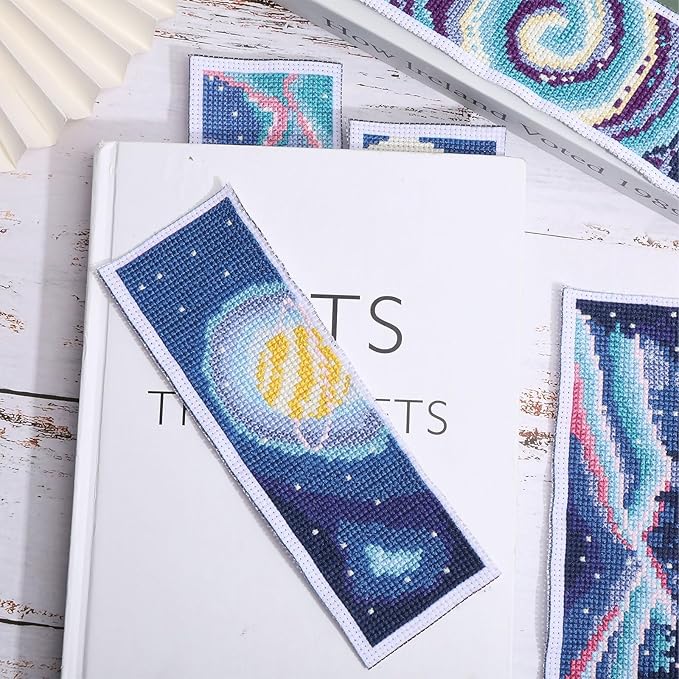 ORIGACH 6 Set Cross Stitch Bookmark Kit for Beginner Starry Sky Pattern DIY Stamped Embroidery Bookmark Kit with 20 Colors Embroidery Floss Instructions 8''x2.4''