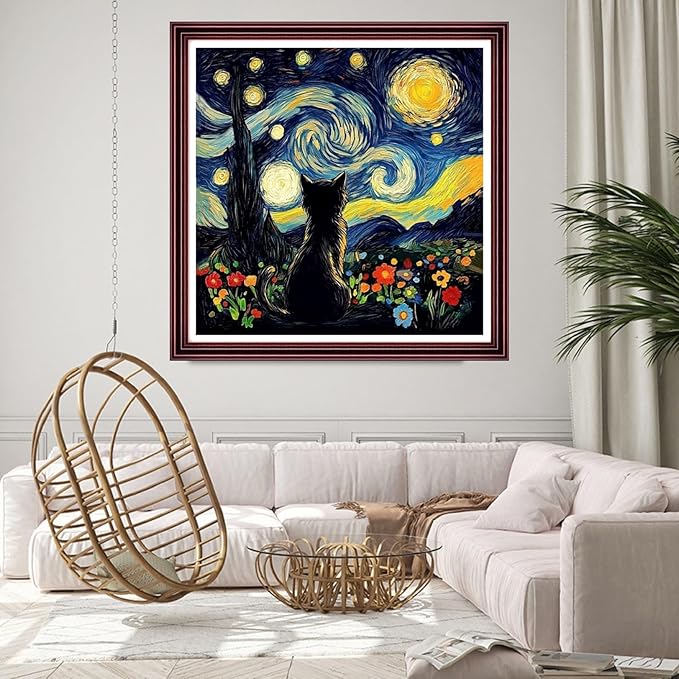 DMCCRAFT Stamped Cross Stitch Kits for Adults 11CT Printed Cross-Stitch Patterns Embroidery Kits Easy Cross Stitching Needlepoint Kits Crossstitch-Starry Night Cat Watching The Moon 18x18 inch