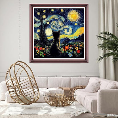 DMCCRAFT Stamped Cross Stitch Kits for Adults 11CT Printed Cross-Stitch Patterns Embroidery Kits Easy Cross Stitching Needlepoint Kits Crossstitch-Starry Night Cat Watching The Moon 18x18 inch