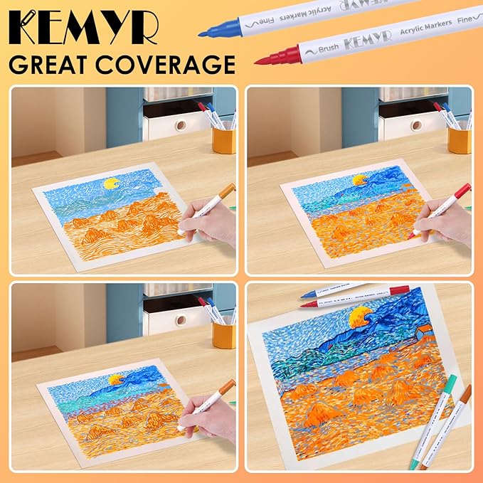 KEMYR 48 Colors Brush & Fine Tip Acrylic Paint Pens, Dual Tip Acrylic Paint Markers for Paper, Wood, Canvas, Stone, Rock, Glass, Fabric, DIY, Ceramic, Art Supplies for Adults Drawing