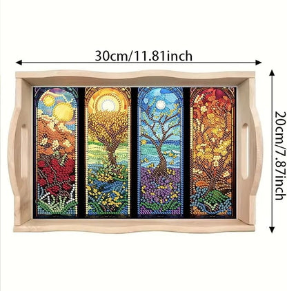 DoxQcs DIY Diamond Art Wooden Tray Kit Easter Food Tray with Handle Diamond Painted Table Decoration Tray for Breakfast Bar Dinner Table Diamond Art Painting for Beginners-#15-Four Seasons Scenery