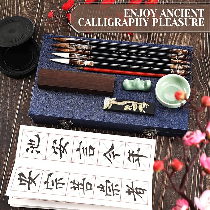 14 Pieces Chinese Calligraphy Brushes Gift Set Painting Brushes Watercolor Tools Set Sumi Painting Kanji Art New Year Gift with Calligraphy Copy Card and Professional Water Writing Cloth for Beginners