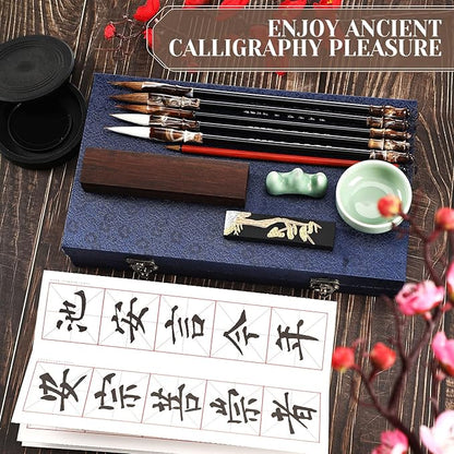 14 Pieces Chinese Calligraphy Brushes Gift Set Painting Brushes Watercolor Tools Set Sumi Painting Kanji Art New Year Gift with Calligraphy Copy Card and Professional Water Writing Cloth for Beginners