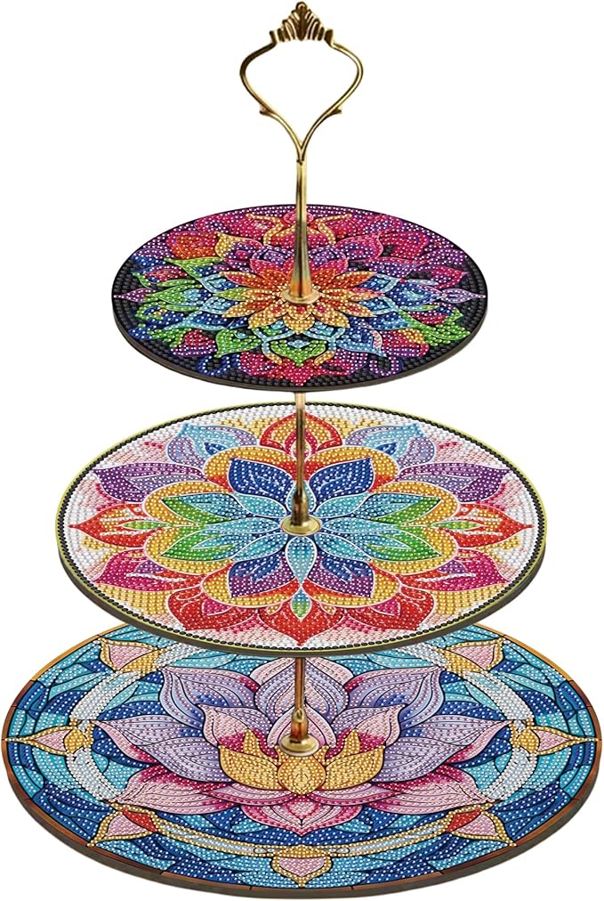 Three-Tier Diamond Painting Wooden Cake Stand DIY Sunflower Diamond Painting Cupcake Towel-Lined Tiered Tray Reusable Pastry Stand (Datura Flower)