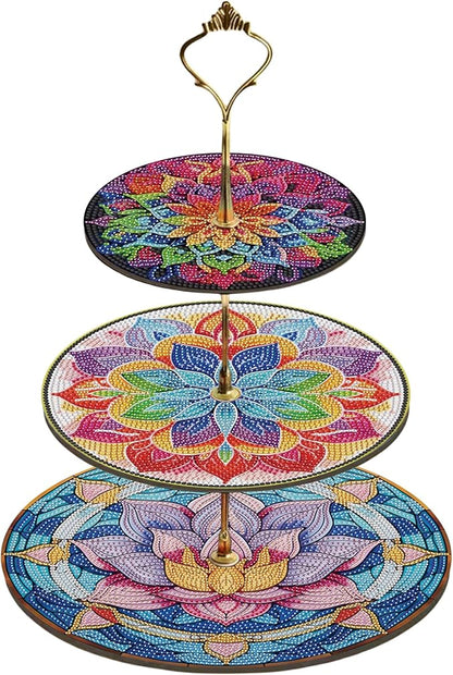 Three-Tier Diamond Painting Wooden Cake Stand DIY Sunflower Diamond Painting Cupcake Towel-Lined Tiered Tray Reusable Pastry Stand (Datura Flower)