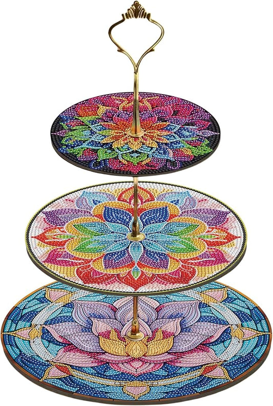 Three-Tier Diamond Painting Wooden Cake Stand DIY Sunflower Diamond Painting Cupcake Towel-Lined Tiered Tray Reusable Pastry Stand (Datura Flower)